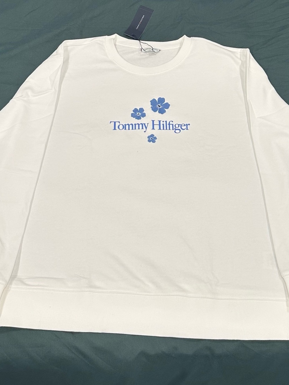 Tommy Hilfiger White Crewneck with Blue Floral Logo